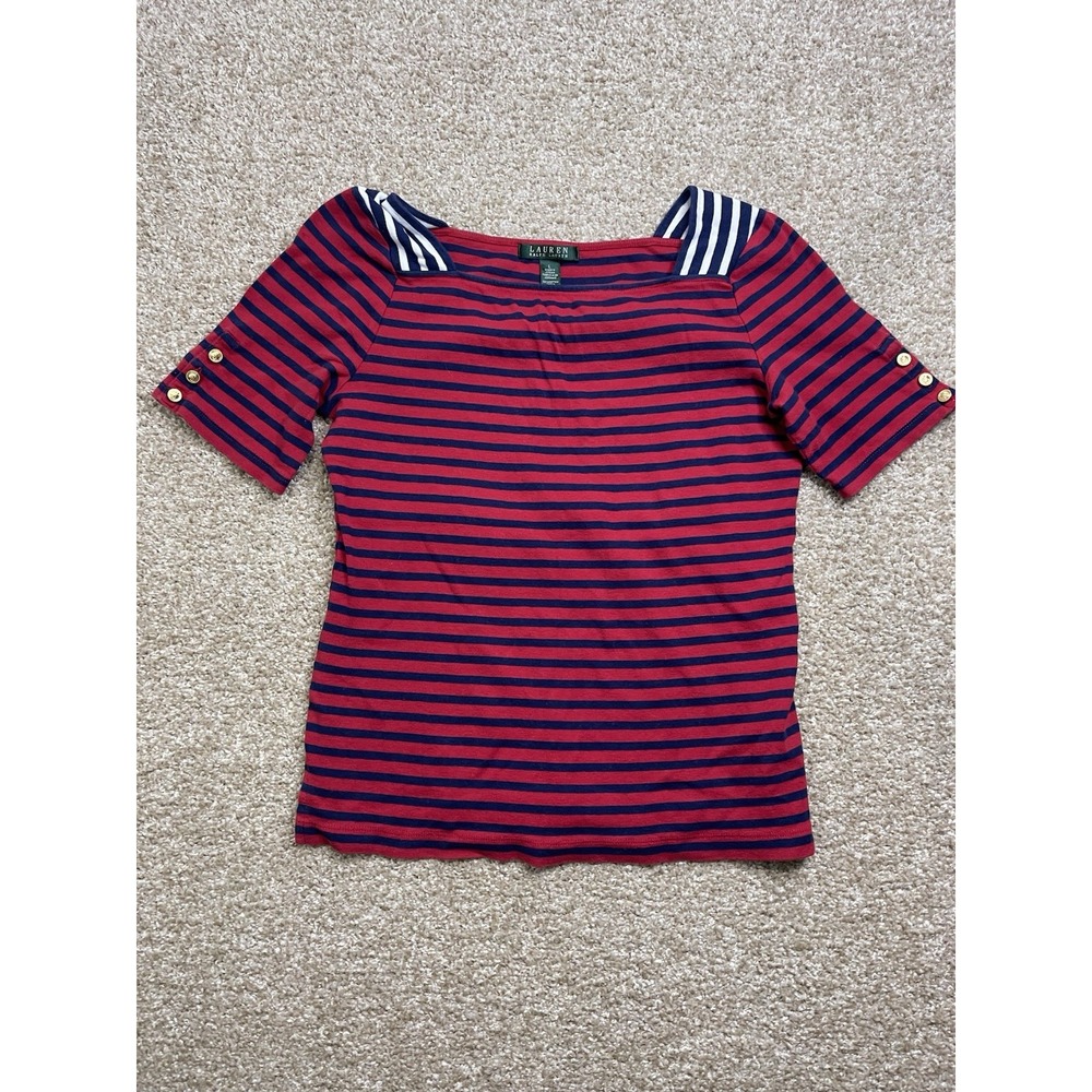 Lauren Ralph Lauren Short Button Sleeve Square Neck Stripe Tee Shirt Red Blue L